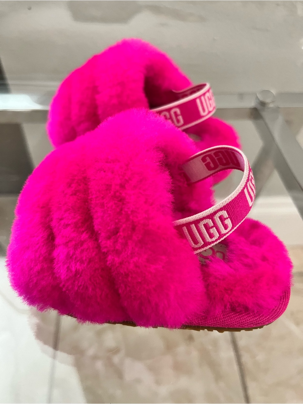 UGG Kids Hot Pink Fluff Slides - Fuzzy Shearling Sandals